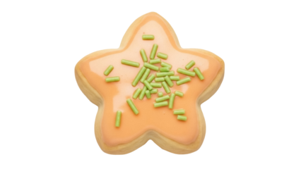Isolated Star Shaped Cookie with Peach Glaze and Green Sprinkles for Party or Event Treat