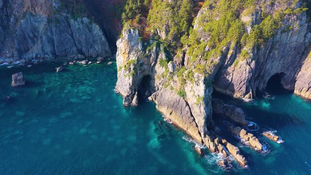 Iwate Japan, Michinoku Coastline at Kitayamazaki Cliffs, Aerial Reveal