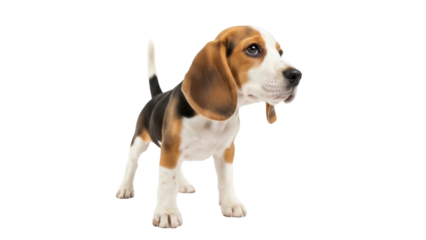 Isolated Beagle puppy looking to the right in a studio setting. Small canine, dog breed.