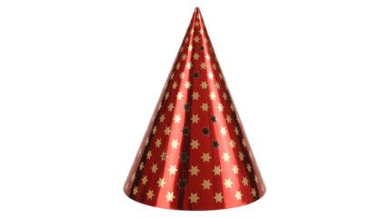 Vibrant red party hat adorned with shiny gold stars