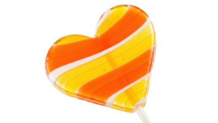 Isolated heart-shaped lollipop with orange and yellow stripes, on a stick, confectionery item
