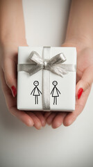 Gift for lovers: a white present with a silver ribbon and stick figures. This illustration depicts a man and woman sharing a present, perfect for celebrating love and special occasions