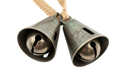 Isolated rustic metal cow bells with jute string, vintage decoration hanging bells, holiday style