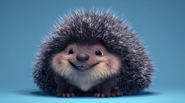 A round, fluffy hedgehog with soft quills, twinkling eyes and a gentle smile against a blue backdrop