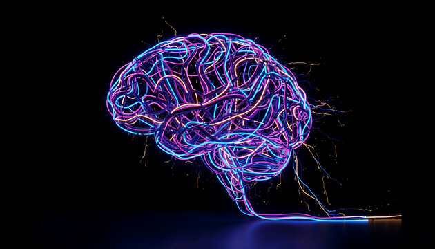 Neon cables twist into brain shape against black background at night