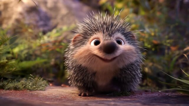 Adorable! baby hedgehog faces the camera with round eyes, tiny nose, spiky fur, in a mossy woodland