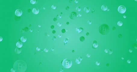 Flickering glowing bitcoin symbols over gradient green background - Powered by Adobe