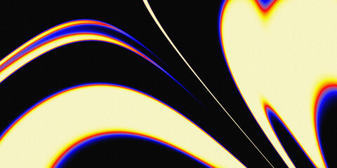 Abstract rainbow wavy lines and fluid shapes with grainy texture on black background for modern digital art design