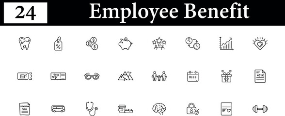 Set of 24 black and white line icons representing employee benefits and compensation package elements