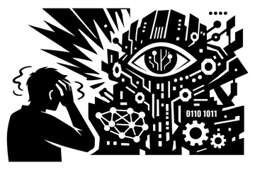 Obraz premium Man overwhelmed by complex technology and artificial intelligence, feeling stressed and confused