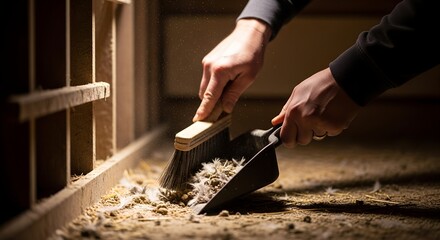 Man cleaning barn floor with broom and dustpan in low light  
