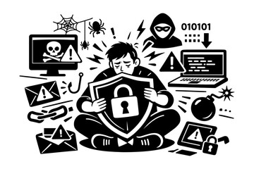Man protecting himself with shield from cyber threats like viruses, hackers, and phishing