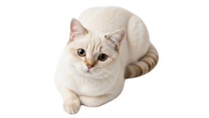 Isolated cat lying down looking at the camera, pet animal with creamy white fur and striped tail