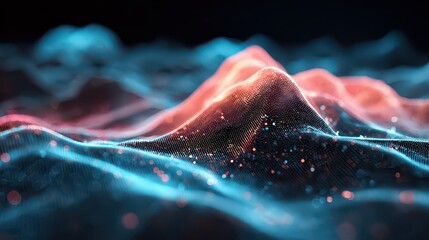 Abstract Digital Mountainous Terrain Displaying Luminescent Grid Pattern Against Dark Backdrop