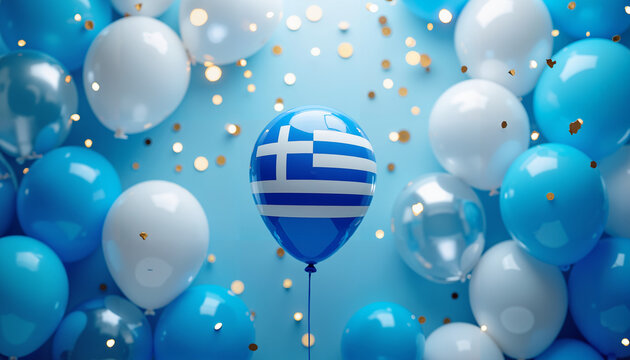 A party background with balloons and the flag of Greece - Powered by Adobe