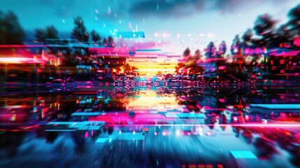 Abstract digital glitch art effect on landscape