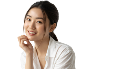 Confident young Asian woman smiling with hand on chin