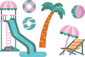 Waterpark Vector  Cute Colorful Illustration Collection with Float Waterslide Sunbed and Beachball 