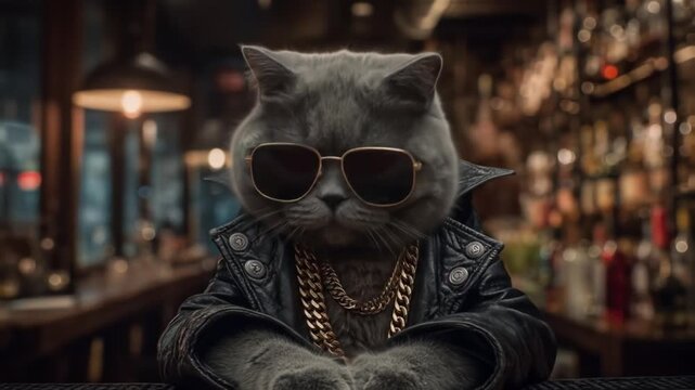 Grizzled cat in sunglasses and leather jacket, gold chains, posing amid neon bar lights. cool factor