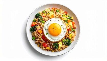 fried rice with colorful veggies in a white bowl, perfect for asian cuisine recipes or food blogs. Tasty and appetizing dish presentation.