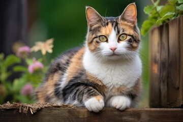 Obraz premium Domestic feline pet looking directly at viewer in an outdoor garden setting