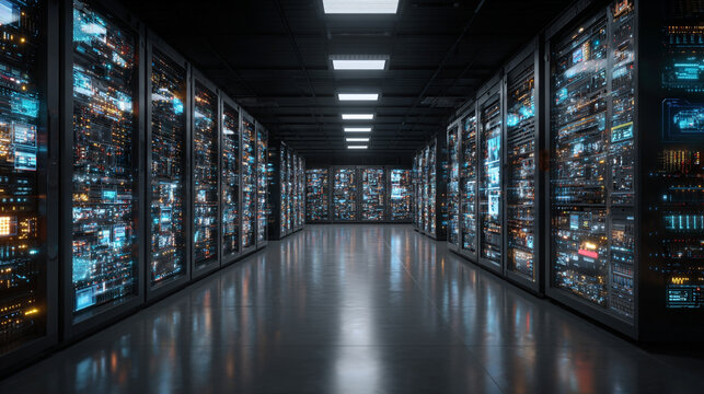 Futuristic server racks in a dark data center, visualizing big data, IoT, and digital traffic flow with glowing VFX for modern technology and information systems. - Powered by Adobe