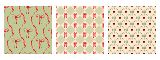 Flirty Preppy coquette bow seamless pattern set for textile, baby clothes, wallpaper, wrapping