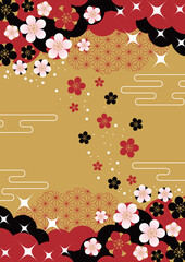 金地に赤黒雲と花和背景、超シンプル、かわいい、イラスト、縦