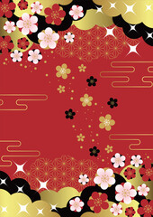 赤地に金黒雲と花和背景、超シンプル、かわいい、イラスト、縦