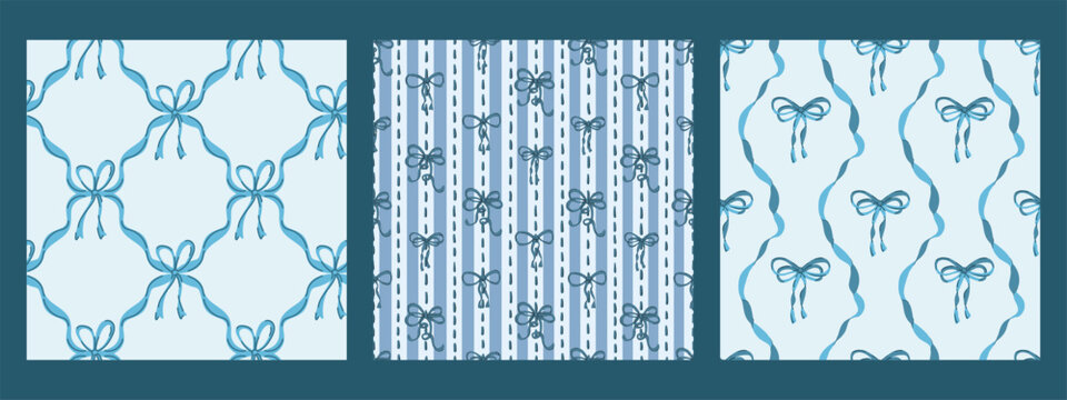 Flirty Preppy coquette bow seamless pattern set for textile, baby clothes, wallpaper, wrapping