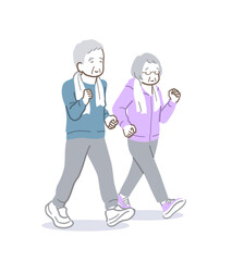 元気にウォーキングするシニアの男女のイラスト素材