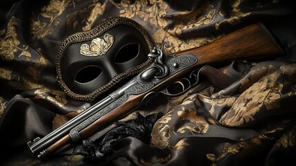 flintlock. Antique flintlock pistol and black mask arranged on faded velvet fabric, historical still life. event programs, museum guides, designed for cultural heritage projects and event programs.