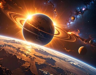 A vibrant cosmic scene featuring planets and a radiant stellar explosion