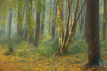 Golden autumn fall tree and leaf colour digital illustration at Upper Moor in the Derbyshire Dales.