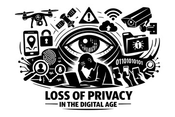 Digital age surveillance and data privacy concerns with an eye watching over a stressed person