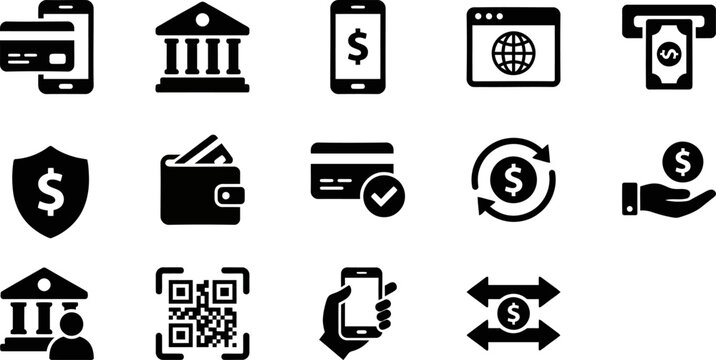 Finance Banking Line Icons Vector Set &ndash; Money Payment  Transaction Wallet Card Credit Mobile Invest Wealth  Dollar Coin Chart Secure Outline Icon Pack UI Web App