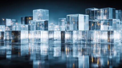 Abstract Transparent Cubes Arranged on Reflective Surface with Glowing Interior and Bokeh Effect