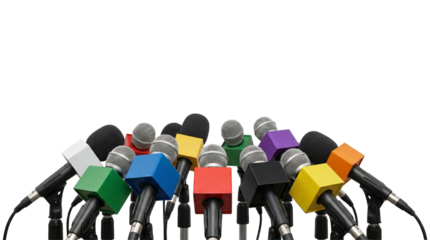 Press conference scene with colorful microphone cubes representing diverse media outlets and perspectives