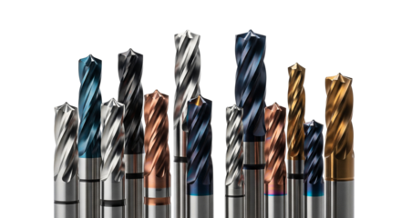 Assortment of colorful metal end mills used in industrial manufacturing, precision machining, and metalworking
