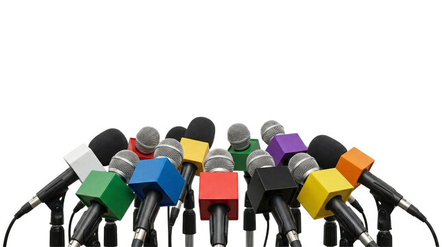 Press conference scene with colorful microphone cubes representing diverse media outlets and perspectives