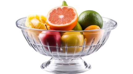 Vibrant assortment of fresh, healthy citrus and tropical fruits displayed beautifully in a clear, elegant cut crystal fruit pedestal bowl ready for consumption or culinary preparation