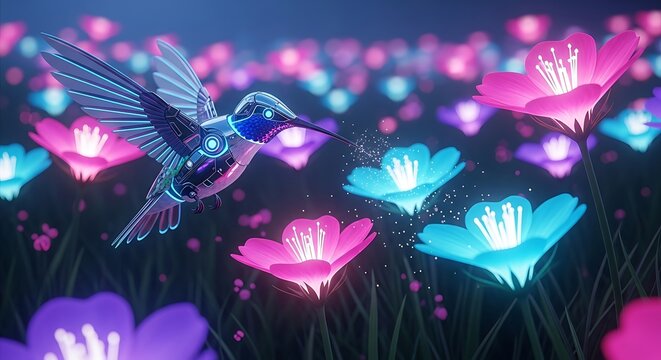 Hummingbird in a Field of Glowing Neon Flowers. - Powered by Adobe