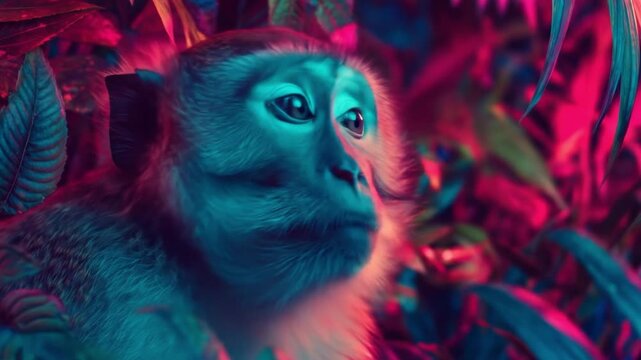 Intense neon-lit capuchin gazes outward amid blue-pink jungle foliage, shadowed, curious. and wary.!