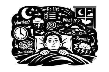 Naklejka premium Man lying in bed at night with many worries and thoughts swirling around