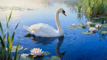 Obraz premium Elegant white swan swimming in a serene lake with water lilies 
