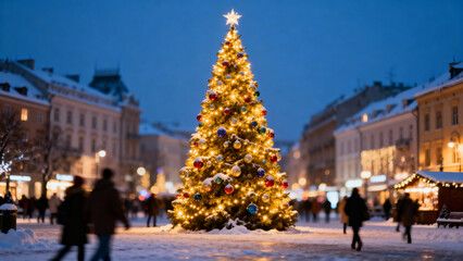 Obraz premium Christmas tree illuminated at night in a snowy city square 