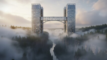 Tranquil morning fog drifts over a frozen river bridge reflecting a golden sunrise amidst a misty winter forest landscape