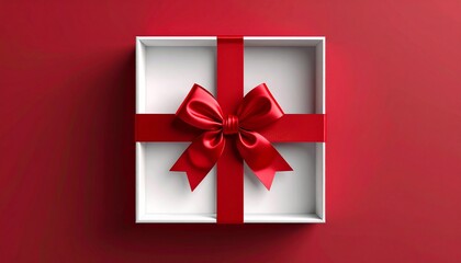 Blank white gift box open or top view of white present box tied with red ribbon bow isolated on dark red background with shadow minimal conceptual 3D rendering cover