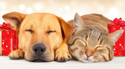 Valentine&rsquo;s Day with pet Concept. Cozy pets resting beside festive presents.