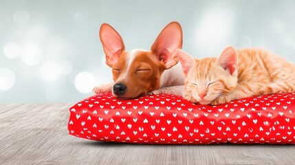Valentine&rsquo;s Day with pet Concept. Two pets sleeping peacefully on a heart-patterned pillow.